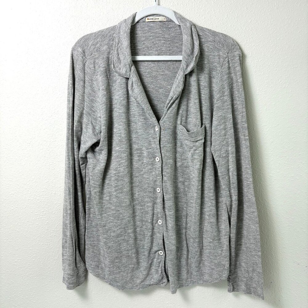 Marine Layer Button Up Shirt Pajama Top Womens L Gray Striped Long Sleeve
